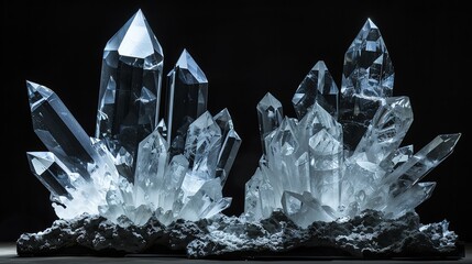 Large, rough, glittering quartz crystal clusters against a black background. - obrazy, fototapety, plakaty