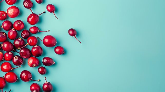 Fresh cranberries scattered on a blue background. The cranberries are red, round, and have a glossy surface.