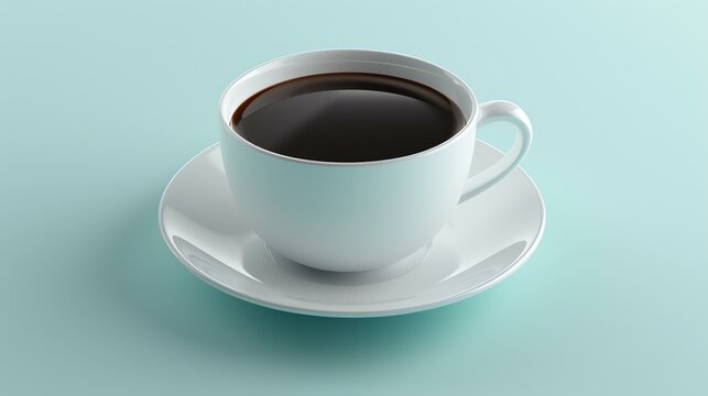 3D rendering illustration of a white cup of coffee on a saucer against a pale blue background.