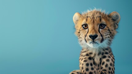 Close-up portrait of a cute cheetah cub looking at the camera with a curious expression on its face.