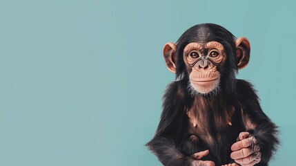A baby chimpanzee sits on a blue background. The chimpanzee is looking at the camera with a curious expression.