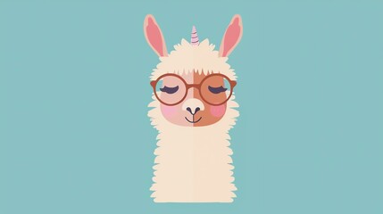 A cute and colorful illustration of a llama wearing glasses. The llama has a unicorn horn on its head and is surrounded by a soft, fluffy mane.