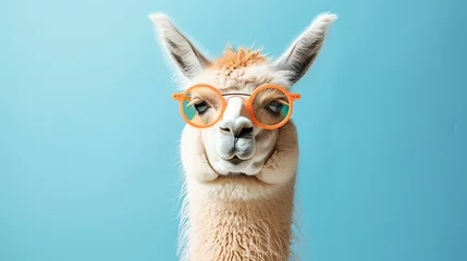 Fototapete A llama wearing horn-rimmed glasses looks at the camera with a curious expression. The llama is standing in front of a blue background. © Nijat