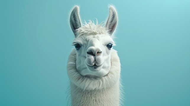 A llama is standing in front of a blue background. The llama is white and has a long neck. It is looking at the camera with a curious expression.