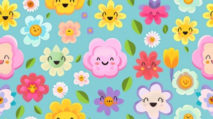 funny kawaii smile face flowers, seamless pattern, on green pastel background