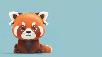 Cute red panda cartoon character sitting on a blue background. The red panda is smiling and has big, round eyes.