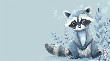 Cute raccoon in watercolor style. The raccoon is sitting on a rock in front of a winter forest. The raccoon is wearing a scarf and a hat.