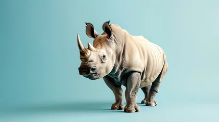Fotobehang A majestic rhinoceros stands tall against a pale blue background, its powerful presence commanding attention. © Nijat