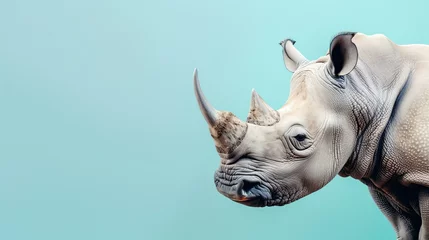 Poster Close-up of a rhinoceros head on a blue background. The rhinoceros is looking to the left of the frame. © Nijat