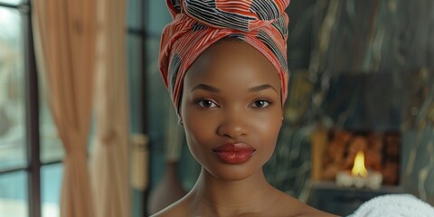 Portrait of charming sensitive intricate african woman in luxury spa, perfect skin, big eyes, sensitive lips, staged photo with copyspace, professional shoot