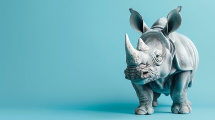 A close-up of a rhinoceros standing on a blue background. The rhinoceros is looking at the camera with its mouth slightly open. - obrazy, fototapety, plakaty