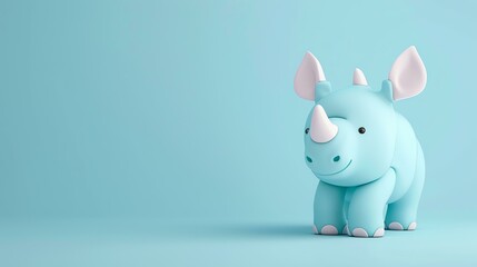 Cute blue cartoon baby rhinoceros on a blue background. The rhino is smiling and looks happy. - obrazy, fototapety, plakaty