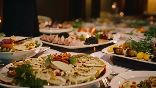 catering wedding buffet food indoor in luxury restaurant with meat colorful fruits and vegetables, Catering banquet and food decoration in the restaurant, AI Generated