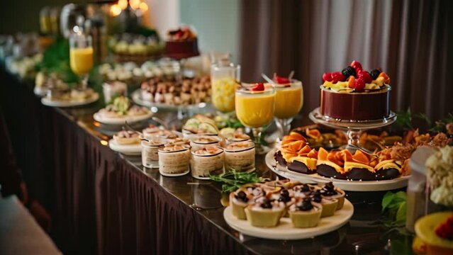 Catering buffet with different food snacks and desserts. Celebration concept, Catering banquet and food decoration in the restaurant, AI Generated