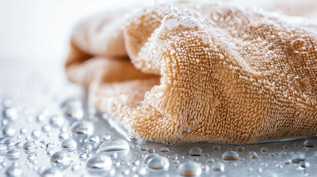 Here is a brief description for the image:  This image shows a soft, beige microfiber cloth with water droplets on it.