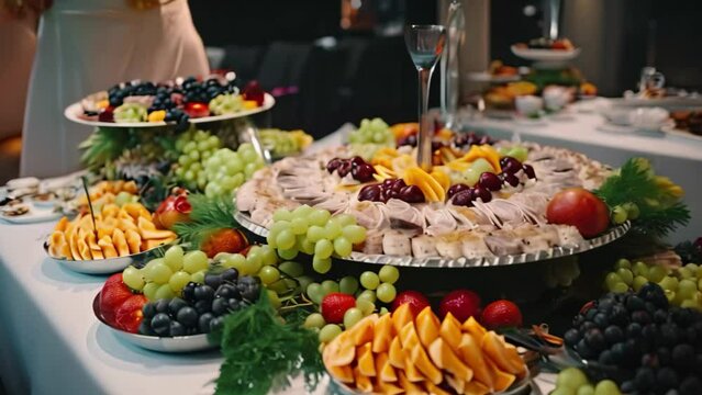 Catering wedding buffet with different kinds of fruits and vegetables. Catering banquet and food decoration in the restaurant, AI Generated