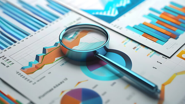Magnifying glass and financial charts. 3d rendering. toned image