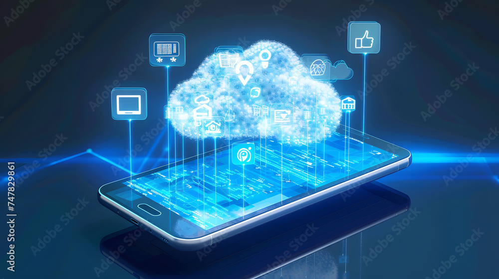 Poster cloud computing concept with smartphone on dark blue background. 3d rendering