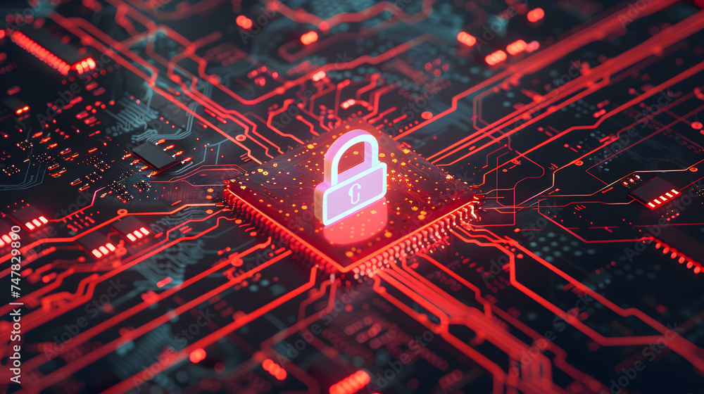 Aufkleber cyber security concept. close up of circuit board with closed padlock icon.