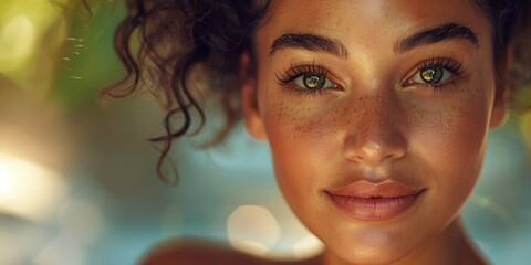 Portrait of charming sensitive intricate latina woman in luxury spa, perfect skin, big eyes, sensitive lips, staged photo with copyspace - obrazy, fototapety, plakaty