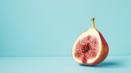 A halved fig on a blue background. The fig is ripe and juicy, with a deep red color. The seeds are visible in the center of the fruit.