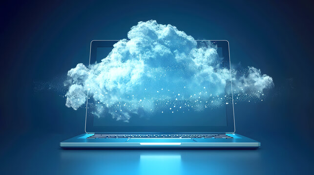 Cloud computing concept with laptop on blue background.