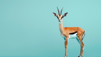 A beautiful gerenuk stands tall against a solid blue background. The gerenuk is a long-necked...