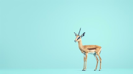 This image shows a gazelle standing on a blue background. The gazelle is in mid-stride, with its head turned slightly to the left. - Powered by Adobe
