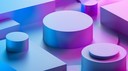 3D rendering of geometric shapes. Pink and blue podiums and cylinders on a blue background. Futuristic abstract background.