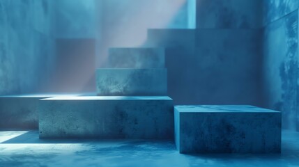 Blue concrete pedestals or podiums of different heights against a blue background. 3D rendering.