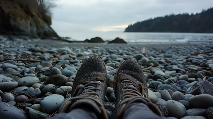 A person in brown boots is sitting on a beach of smooth, round stones. - Powered by Adobe