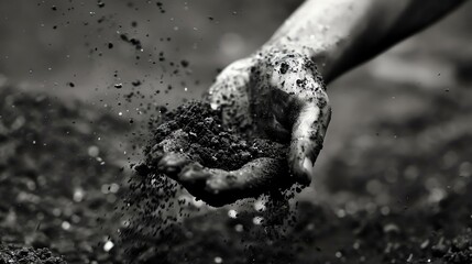 Black and white photo of a hand holding a handful of soil, with soil particles flying in the air. - obrazy, fototapety, plakaty