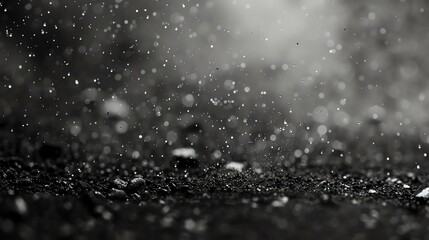 Black and white abstract background with raindrops falling on the ground.