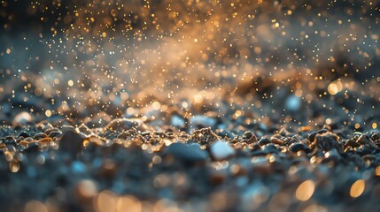 Small water drops are splashing on the beach pebbles in slow motion. The setting sun makes the water droplets glisten like diamonds.