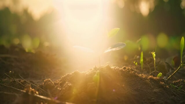 Green seedling growing from seed in the morning light, agriculture concept, developing plant, Young plant with a ground backdrop, AI Generated