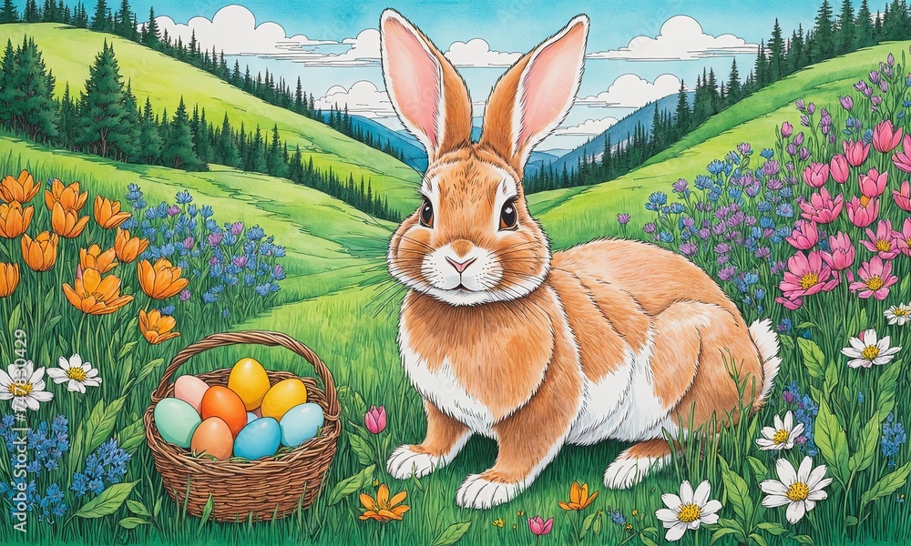 Wall mural easter bunny amidst blossoming spring flowers