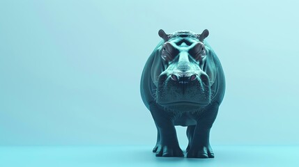 A 3D rendering of a hippopotamus, isolated on a blue background. The hippo is standing on all...