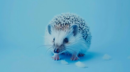 Cute and curious baby hedgehog with big black eyes and a pink nose looking at the camera on a blue background.
