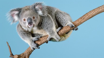 A cute and cuddly koala is sitting on a branch, looking at the camera with its big, round eyes.