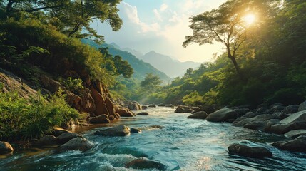 Tropical jungle landscape with Amazon jungle river. Created with Generative AI. - obrazy, fototapety, plakaty