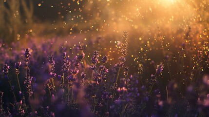 The image is a beautiful landscape of a lavender field with a warm golden sunset in the background. - obrazy, fototapety, plakaty