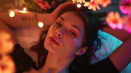 Portrait of gorgeous captivating woman lying in a spa salon in a relaxing atmosphere with decorations around her, staged photo with copyspace, professional shoot