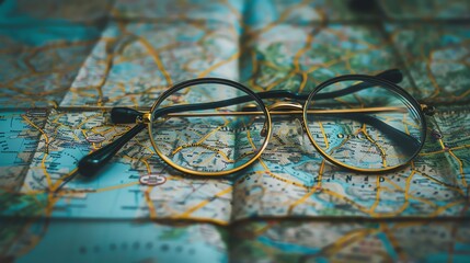 A pair of black eyeglasses with a gold frame are resting on a detailed world map. The glasses are reflecting the map. - Powered by Adobe