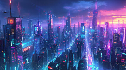 Futuristic city skyline with neon lights at dusk. Science fiction and fantasy.