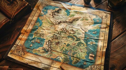 A detailed and realistic world map with a paper texture. The map is filled with intricate details such as mountains, rivers, forests, and cities.