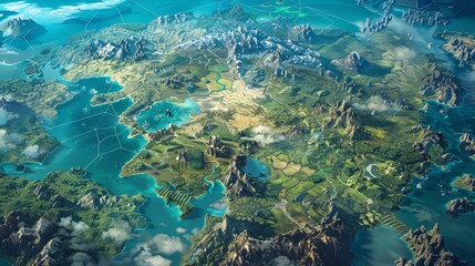 An illustration of a fantasy world map. The map features a large continent with a variety of biomes. - obrazy, fototapety, plakaty