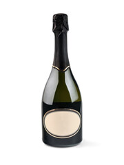 dark glass bottle of sparkling wine or champagne mockup on white background isolated
