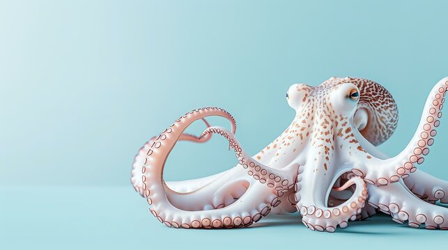 A beautiful octopus with a unique spotted pattern on its skin. It is sitting on a blue background, looking at the camera with its big, curious eyes.