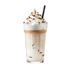 Iced chocolate milkshake with whipped cream in glass on transparent background