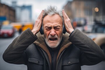 Photo portraying noise pollution's impact on mental health: an old man covering his ears to protect himself from the loud noises of the city